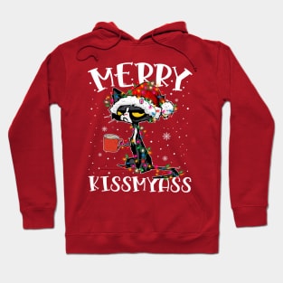 Merry Kissmyass Cat Christmas light Funny Hoodie